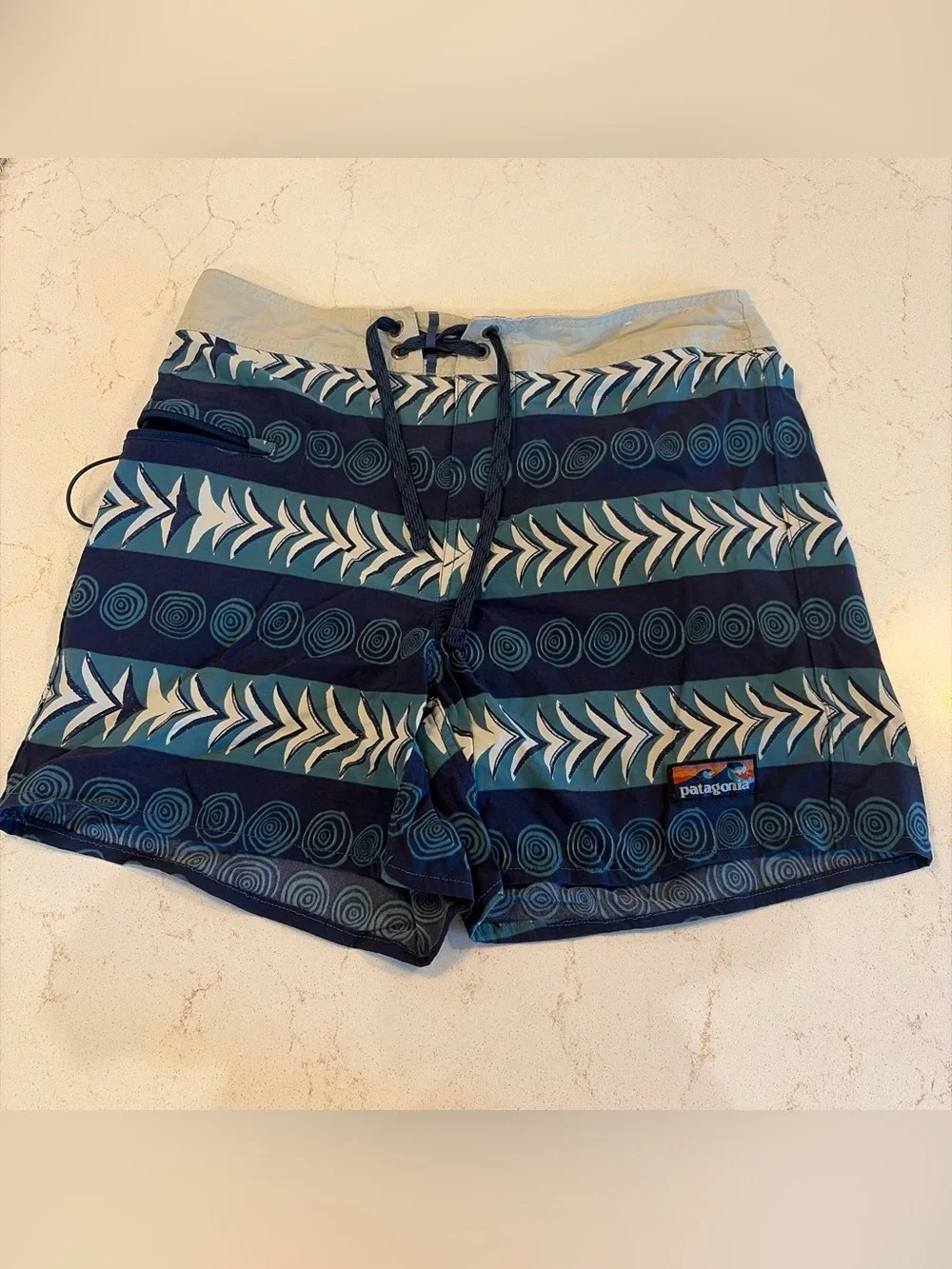 Patagonia Men’s Navy and Teal Patterned Swim Board Shorts